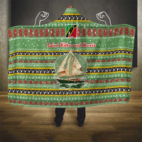 Saint Kitts and Nevis Christmas Hooded Blanket with Green Red Black Xmas Sailboat and Map - Wonder Print Shop