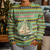 Saint Kitts and Nevis Christmas Kid Ugly Christmas Sweater with Green Red Black Xmas Sailboat and Map - Wonder Print Shop