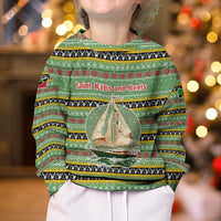 Saint Kitts and Nevis Christmas Kid Ugly Christmas Sweater with Green Red Black Xmas Sailboat and Map - Wonder Print Shop