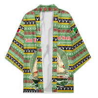 Saint Kitts and Nevis Christmas Kimono with Green Red Black Xmas Sailboat and Map - Wonder Print Shop