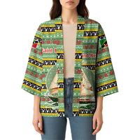 Saint Kitts and Nevis Christmas Kimono with Green Red Black Xmas Sailboat and Map - Wonder Print Shop