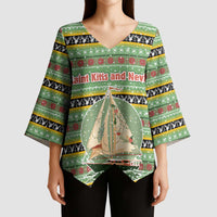 Saint Kitts and Nevis Christmas Kimono Sleeve Blouse with Green Red Black Xmas Sailboat and Map - Wonder Print Shop