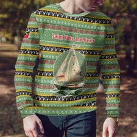 Saint Kitts and Nevis Christmas Ugly Christmas Sweater with Green Red Black Xmas Sailboat and Map - Wonder Print Shop