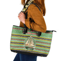 Saint Kitts and Nevis Christmas Leather Tote Bag with Green Red Black Xmas Sailboat and Map - Wonder Print Shop