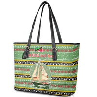 Saint Kitts and Nevis Christmas Leather Tote Bag with Green Red Black Xmas Sailboat and Map - Wonder Print Shop