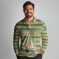 Saint Kitts and Nevis Christmas Long Sleeve Polo Shirt with Green Red Black Xmas Sailboat and Map - Wonder Print Shop