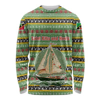 Saint Kitts and Nevis Christmas Long Sleeve Shirt with Green Red Black Xmas Sailboat and Map - Wonder Print Shop