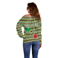 Saint Kitts and Nevis Christmas Off Shoulder Sweater with Green Red Black Xmas Sailboat and Map - Wonder Print Shop