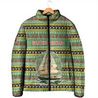 Saint Kitts and Nevis Christmas Padded Jacket with Green Red Black Xmas Sailboat and Map - Wonder Print Shop