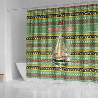 Saint Kitts and Nevis Christmas Shower Curtain with Green Red Black Xmas Sailboat and Map - Wonder Print Shop