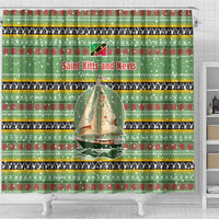 Saint Kitts and Nevis Christmas Shower Curtain with Green Red Black Xmas Sailboat and Map - Wonder Print Shop