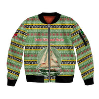 Saint Kitts and Nevis Christmas Sleeve Zip Bomber Jacket with Green Red Black Xmas Sailboat and Map - Wonder Print Shop