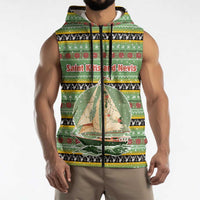 Saint Kitts and Nevis Christmas Sleeveless Zip Hoodie with Green Red Black Xmas Sailboat and Map - Wonder Print Shop