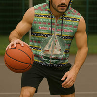 Saint Kitts and Nevis Christmas Sleeveless Zip Hoodie with Green Red Black Xmas Sailboat and Map - Wonder Print Shop