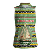 Saint Kitts and Nevis Christmas Women Sleeveless Polo Shirt with Green Red Black Xmas Sailboat and Map - Wonder Print Shop