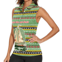 Saint Kitts and Nevis Christmas Women Sleeveless Polo Shirt with Green Red Black Xmas Sailboat and Map - Wonder Print Shop