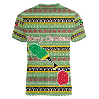 Saint Kitts and Nevis Christmas Women V-Neck T-Shirt with Green Red Black Xmas Sailboat and Map - Wonder Print Shop