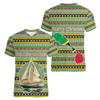 Saint Kitts and Nevis Christmas Women V-Neck T-Shirt with Green Red Black Xmas Sailboat and Map - Wonder Print Shop