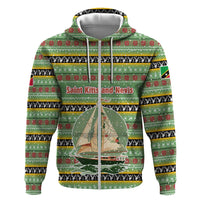 Saint Kitts and Nevis Christmas Zip Hoodie with Green Red Black Xmas Sailboat and Map - Wonder Print Shop