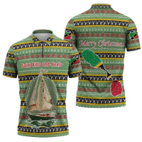 Saint Kitts and Nevis Christmas Zipper Polo Shirt with Green Red Black Xmas Sailboat and Map - Wonder Print Shop