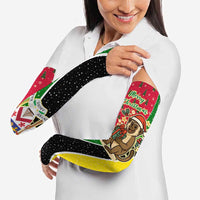 Saint Kitts and Nevis Christmas Arm Sleeves with Red Green Black Xmas Monkey Gift and Coat of Arms - Wonder Print Shop
