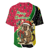 Saint Kitts and Nevis Christmas Baseball Jersey with Red Green Black Xmas Monkey Gift and Coat of Arms - Wonder Print Shop