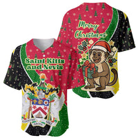Saint Kitts and Nevis Christmas Baseball Jersey with Red Green Black Xmas Monkey Gift and Coat of Arms - Wonder Print Shop