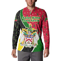 Saint Kitts and Nevis Christmas Button Sweatshirt with Red Green Black Xmas Monkey Gift and Coat of Arms - Wonder Print Shop