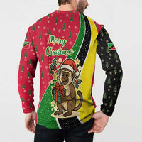 Saint Kitts and Nevis Christmas Button Sweatshirt with Red Green Black Xmas Monkey Gift and Coat of Arms - Wonder Print Shop
