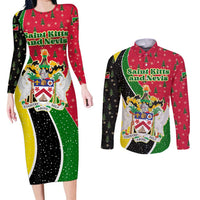 Saint Kitts and Nevis Christmas Couples Matching Long Sleeve Bodycon Dress and Long Sleeve Button Shirt with Red Green Black Xmas Monkey Gift and Coat of Arms - Wonder Print Shop