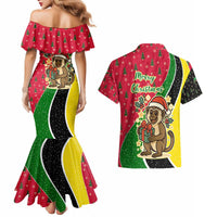 Saint Kitts and Nevis Christmas Couples Matching Mermaid Dress and Hawaiian Shirt with Red Green Black Xmas Monkey Gift and Coat of Arms - Wonder Print Shop