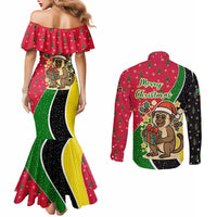 Saint Kitts and Nevis Christmas Couples Matching Mermaid Dress and Long Sleeve Button Shirt with Red Green Black Xmas Monkey Gift and Coat of Arms - Wonder Print Shop