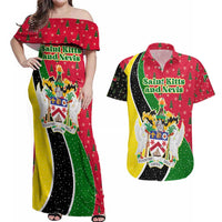 Saint Kitts and Nevis Christmas Couples Matching Off Shoulder Maxi Dress and Hawaiian Shirt with Red Green Black Xmas Monkey Gift and Coat of Arms - Wonder Print Shop