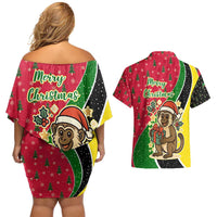 Saint Kitts and Nevis Christmas Couples Matching Off Shoulder Short Dress and Hawaiian Shirt with Red Green Black Xmas Monkey Gift and Coat of Arms - Wonder Print Shop