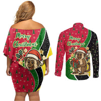 Saint Kitts and Nevis Christmas Couples Matching Off Shoulder Short Dress and Long Sleeve Button Shirt with Red Green Black Xmas Monkey Gift and Coat of Arms - Wonder Print Shop