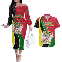 Saint Kitts and Nevis Christmas Couples Matching Off The Shoulder Long Sleeve Dress and Hawaiian Shirt with Red Green Black Xmas Monkey Gift and Coat of Arms - Wonder Print Shop