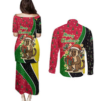 Saint Kitts and Nevis Christmas Couples Matching Puletasi and Long Sleeve Button Shirt with Red Green Black Xmas Monkey Gift and Coat of Arms - Wonder Print Shop