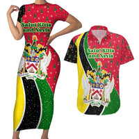 Saint Kitts and Nevis Christmas Couples Matching Short Sleeve Bodycon Dress and Hawaiian Shirt with Red Green Black Xmas Monkey Gift and Coat of Arms - Wonder Print Shop