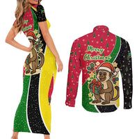 Saint Kitts and Nevis Christmas Couples Matching Short Sleeve Bodycon Dress and Long Sleeve Button Shirt with Red Green Black Xmas Monkey Gift and Coat of Arms - Wonder Print Shop