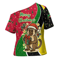 Saint Kitts and Nevis Christmas Cross Shoulder Shirt with Red Green Black Xmas Monkey Gift and Coat of Arms - Wonder Print Shop
