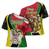 Saint Kitts and Nevis Christmas Cross Shoulder Shirt with Red Green Black Xmas Monkey Gift and Coat of Arms - Wonder Print Shop