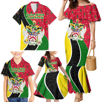 Saint Kitts and Nevis Christmas Family Matching Mermaid Dress and Hawaiian Shirt with Red Green Black Xmas Monkey Gift and Coat of Arms - Wonder Print Shop