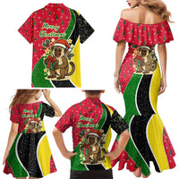 Saint Kitts and Nevis Christmas Family Matching Mermaid Dress and Hawaiian Shirt with Red Green Black Xmas Monkey Gift and Coat of Arms - Wonder Print Shop