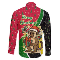 Saint Kitts and Nevis Christmas Family Matching Off The Shoulder Long Sleeve Dress and Hawaiian Shirt with Red Green Black Xmas Monkey Gift and Coat of Arms - Wonder Print Shop