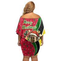 Saint Kitts and Nevis Christmas Family Matching Off Shoulder Short Dress and Hawaiian Shirt with Red Green Black Xmas Monkey Gift and Coat of Arms - Wonder Print Shop