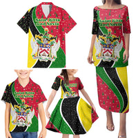 Saint Kitts and Nevis Christmas Family Matching Puletasi and Hawaiian Shirt with Red Green Black Xmas Monkey Gift and Coat of Arms - Wonder Print Shop