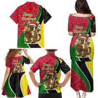 Saint Kitts and Nevis Christmas Family Matching Puletasi and Hawaiian Shirt with Red Green Black Xmas Monkey Gift and Coat of Arms - Wonder Print Shop