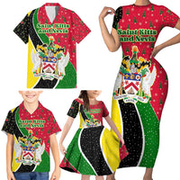 Saint Kitts and Nevis Christmas Family Matching Short Sleeve Bodycon Dress and Hawaiian Shirt with Red Green Black Xmas Monkey Gift and Coat of Arms - Wonder Print Shop