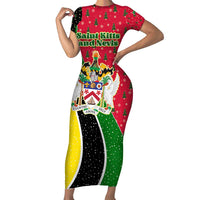 Saint Kitts and Nevis Christmas Family Matching Short Sleeve Bodycon Dress and Hawaiian Shirt with Red Green Black Xmas Monkey Gift and Coat of Arms - Wonder Print Shop