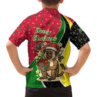 Saint Kitts and Nevis Christmas Family Matching Summer Maxi Dress and Hawaiian Shirt with Red Green Black Xmas Monkey Gift and Coat of Arms - Wonder Print Shop
